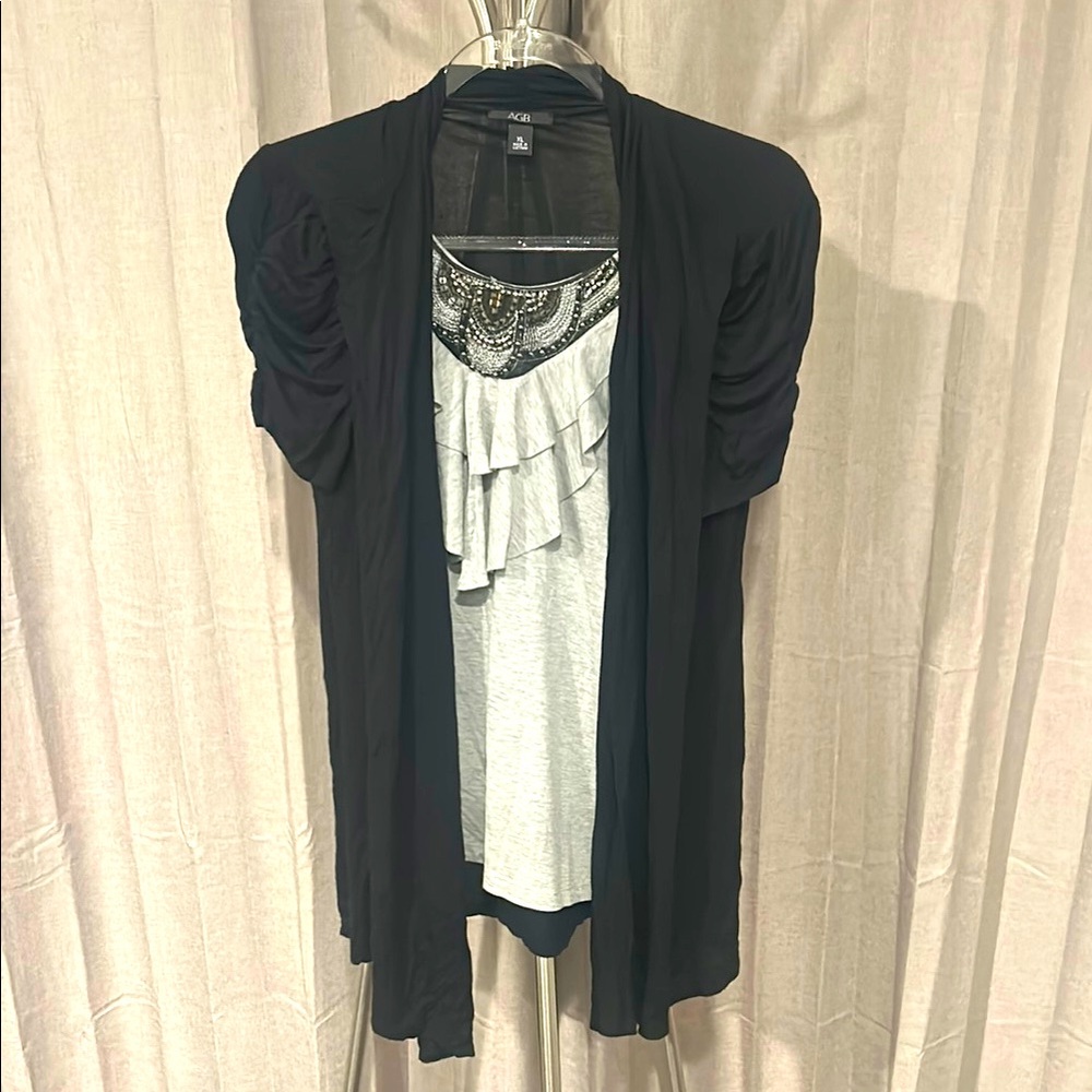 AGB Black Open-Front Cardigan with Ruffle Detail and beaded neckline.